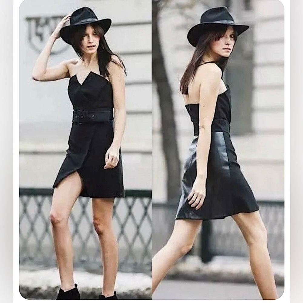 Zara Black Faux Leather Combination Strapless and Belted Dress   New w Tags
